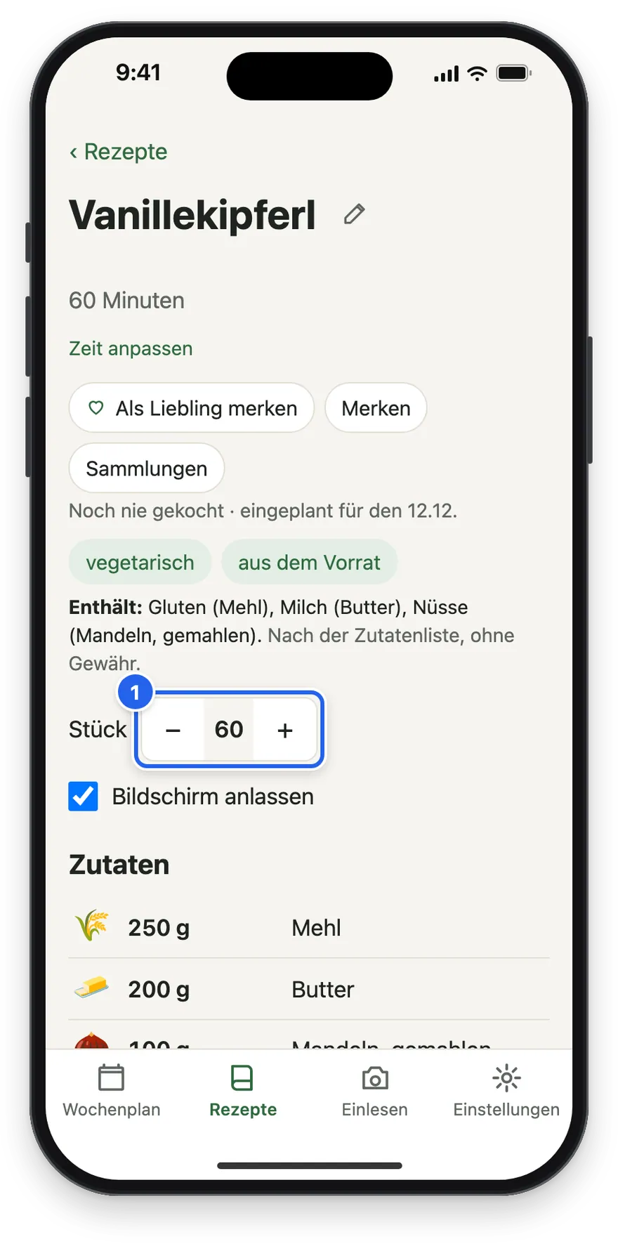 Vanillekipferl mit 60 Stück statt Personen