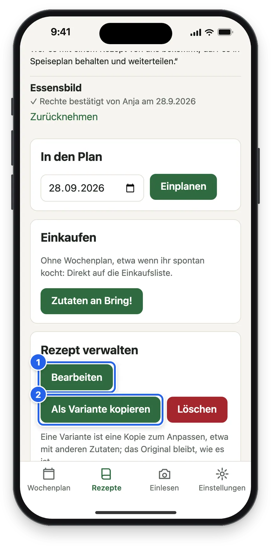 Rezept verwalten mit Bearbeiten und Als Variante kopieren