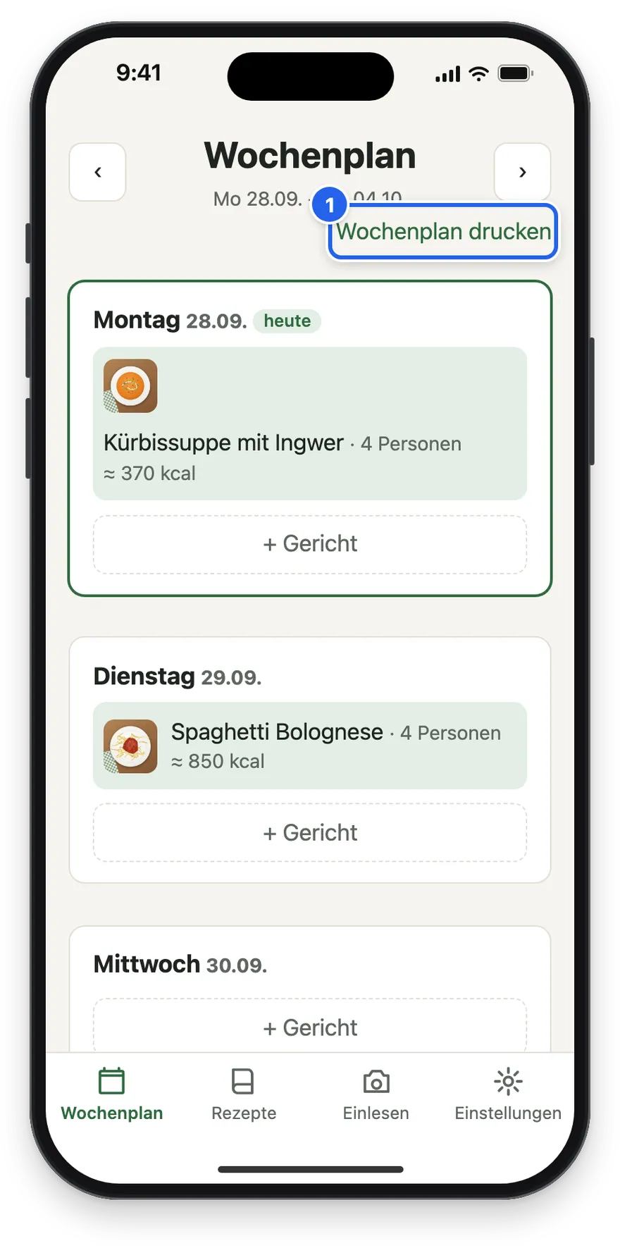 Wochenplan drucken oben im Wochenplan