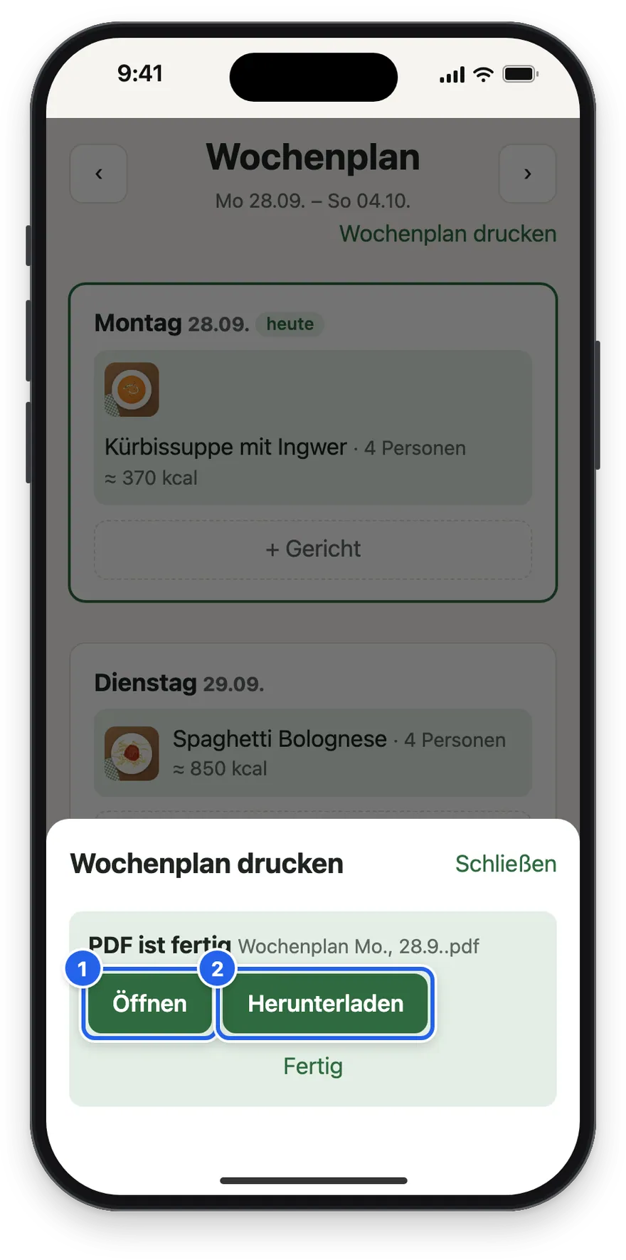 PDF ist fertig mit Öffnen und Herunterladen
