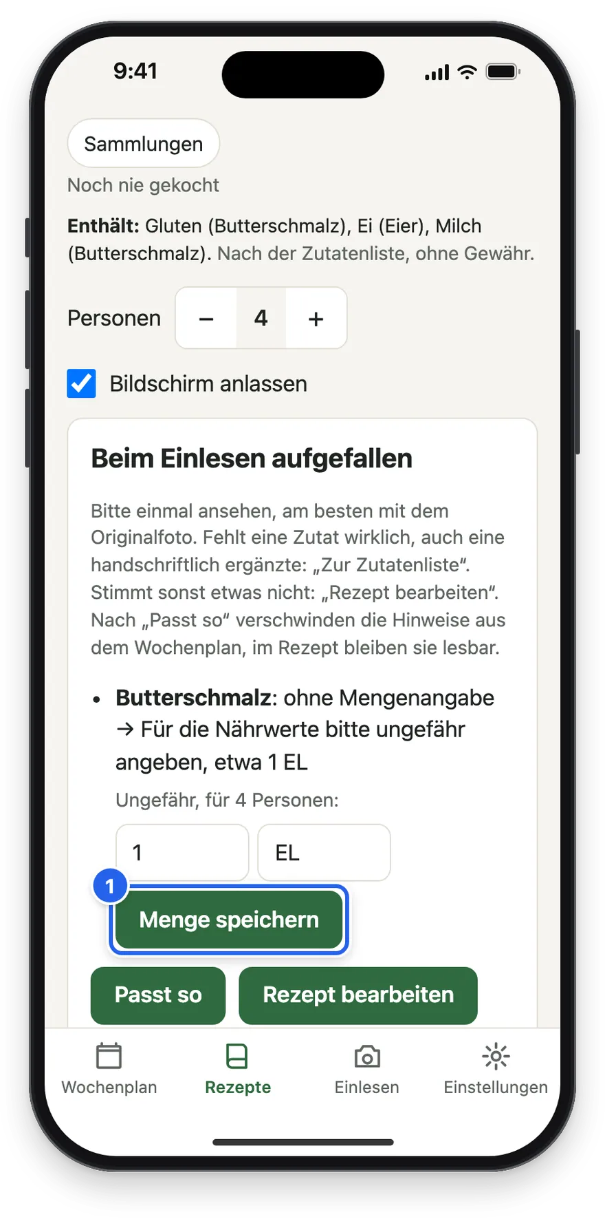 Butterschmalz ohne Mengenangabe, mit 1 EL und Menge speichern