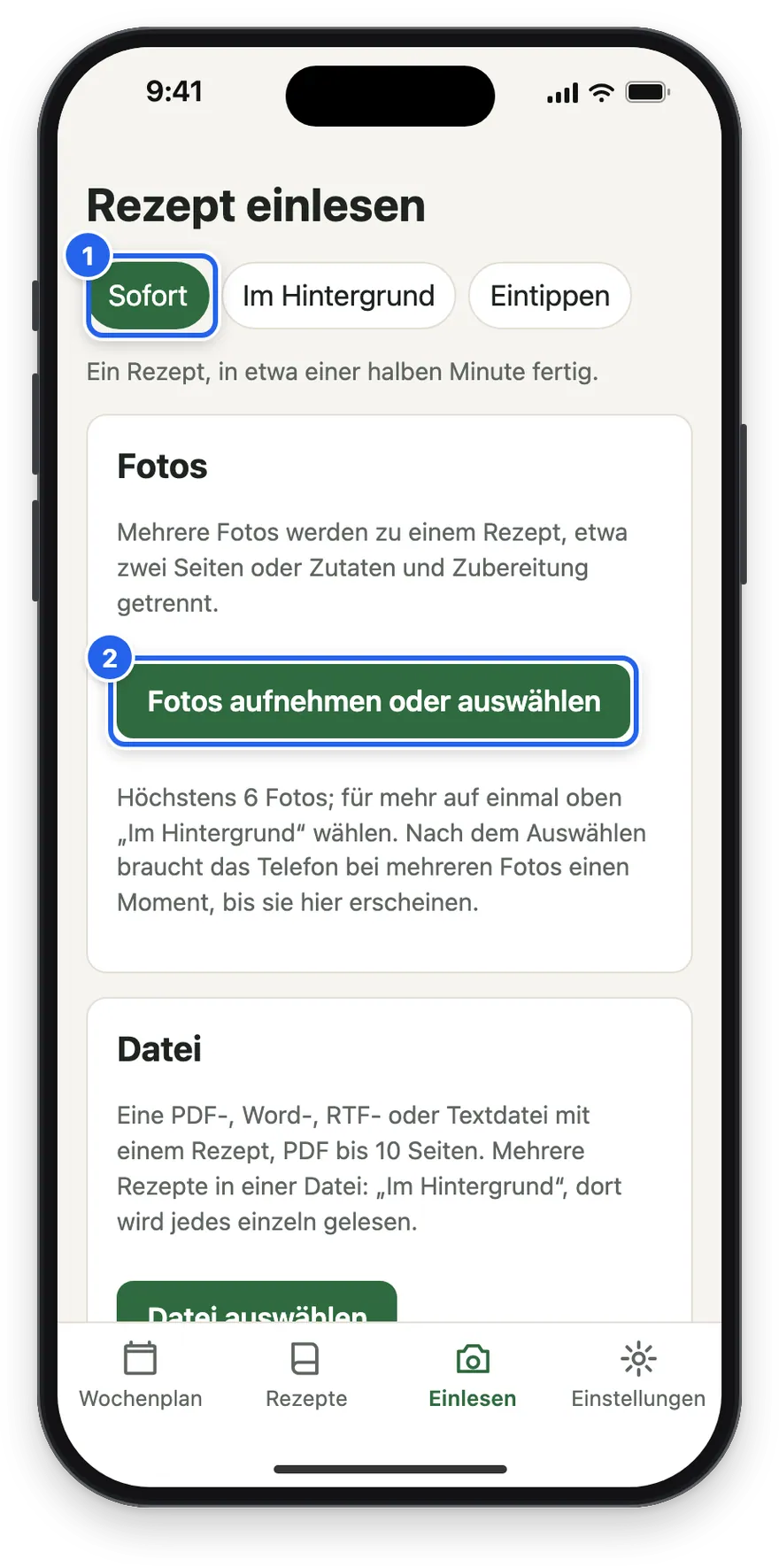 Rezept einlesen mit Sofort und Fotos aufnehmen oder auswählen