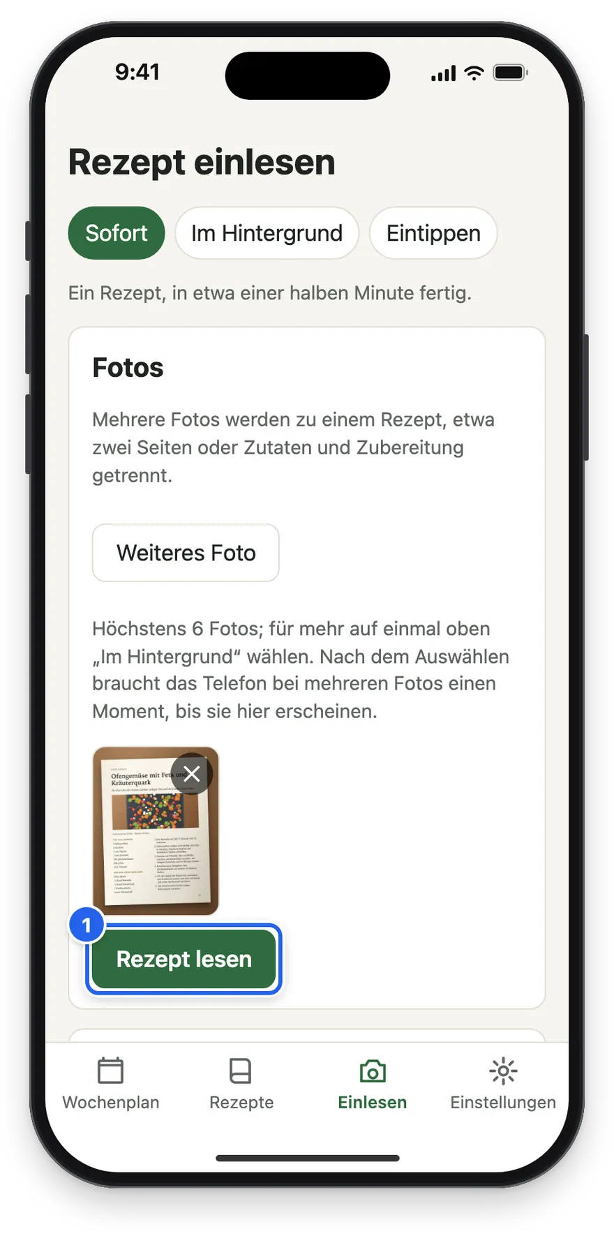 Das gewählte Foto und der Knopf Rezept lesen