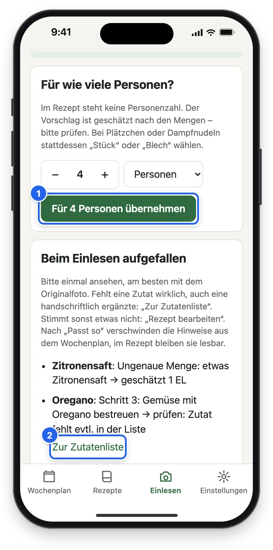 Für wie viele Personen? und Beim Einlesen aufgefallen