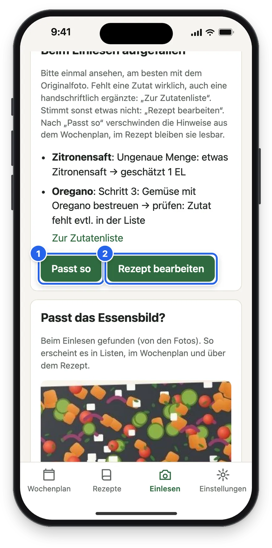 Die Knöpfe Passt so und Rezept bearbeiten