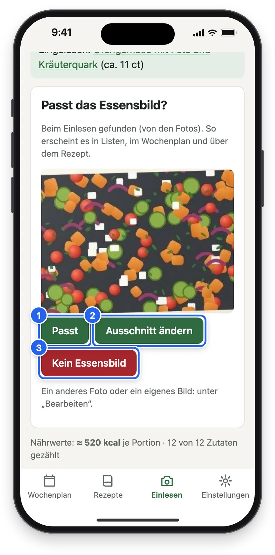 Passt das Essensbild? mit Passt, Ausschnitt ändern und Kein Essensbild