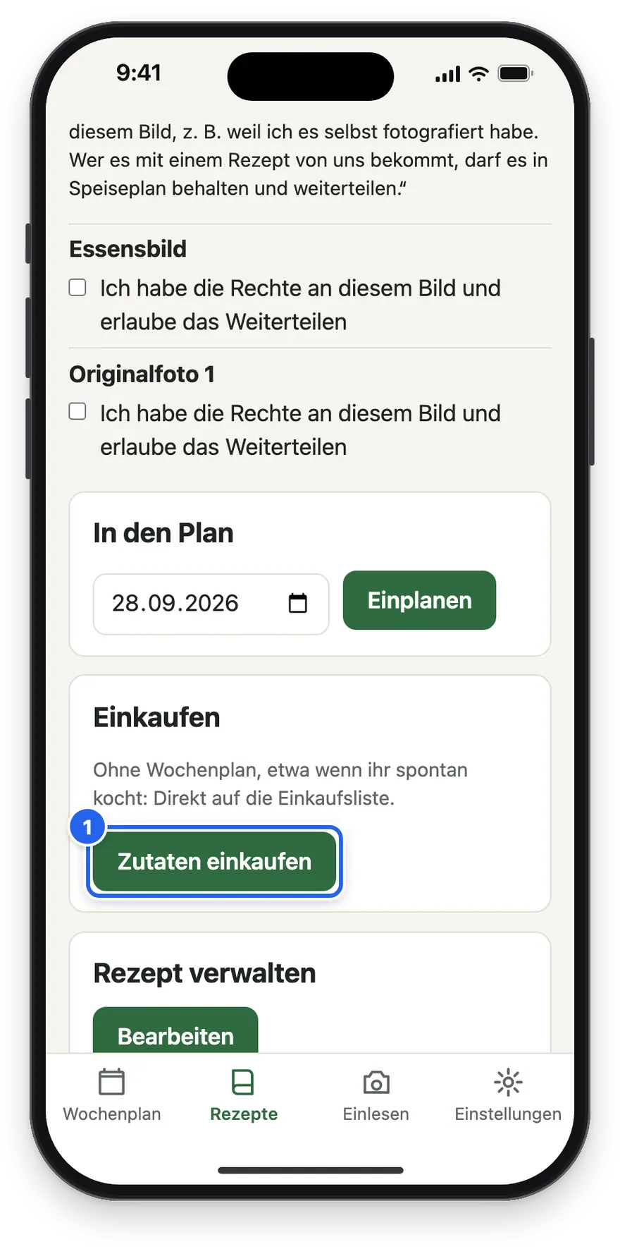 Der Knopf Zutaten einkaufen im Rezept