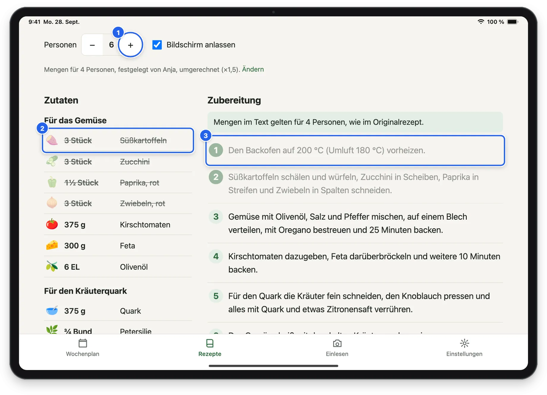 Das Rezept am iPad: Zutaten links, Zubereitung rechts, einige abgehakt