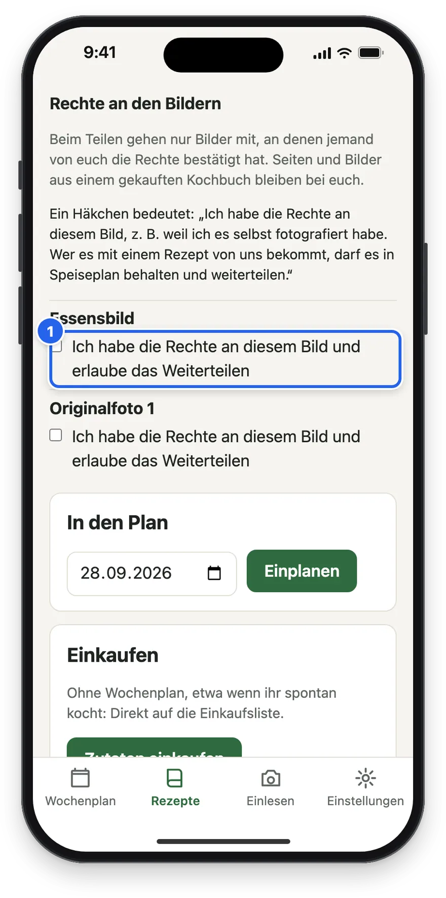 Rechte an den Bildern mit einem Häkchen je Bild
