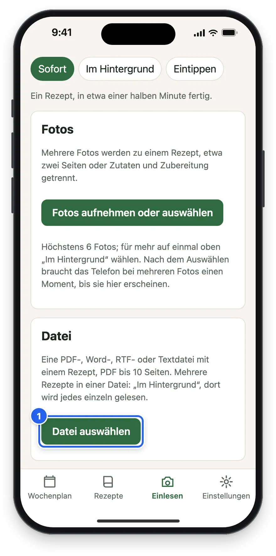 Die Karte Datei mit dem Knopf Datei auswählen