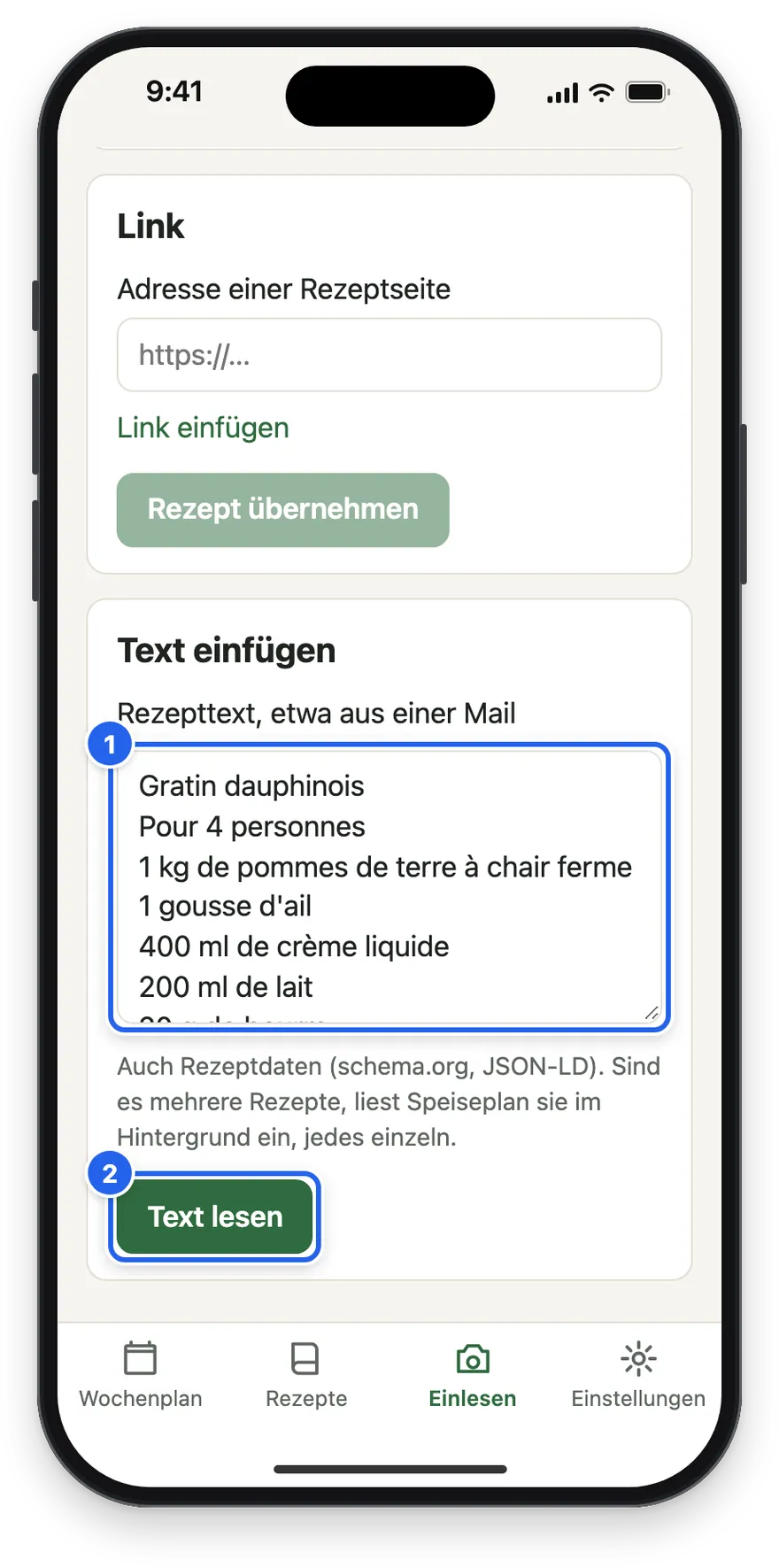 Der französische Rezepttext in Text einfügen, darunter Text lesen