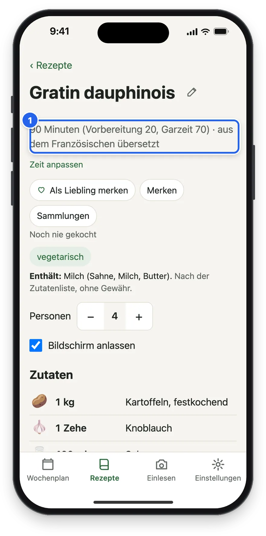 Gratin dauphinois mit dem Hinweis aus dem Französischen übersetzt und deutschen Zutaten