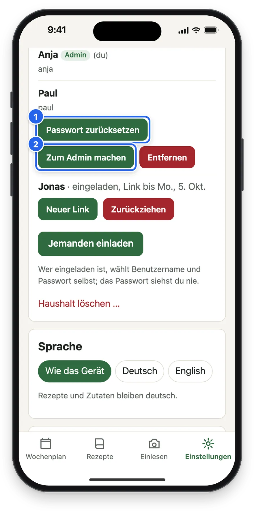 Paul mit Passwort zurücksetzen und Zum Admin machen