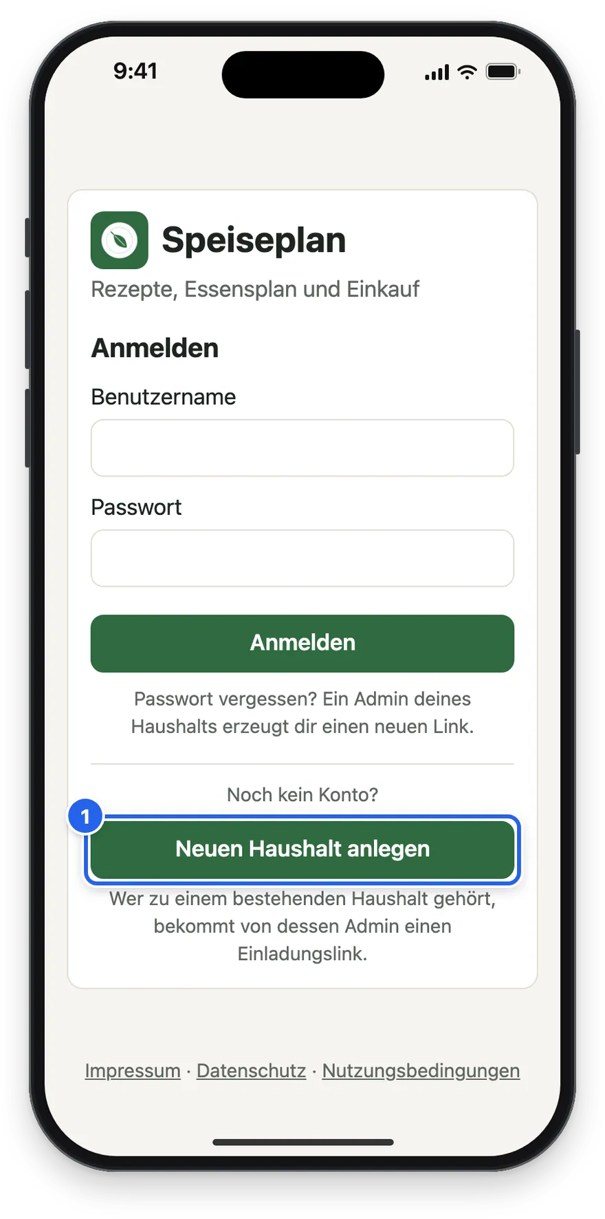 Die Anmeldeseite mit dem Knopf Neuen Haushalt anlegen