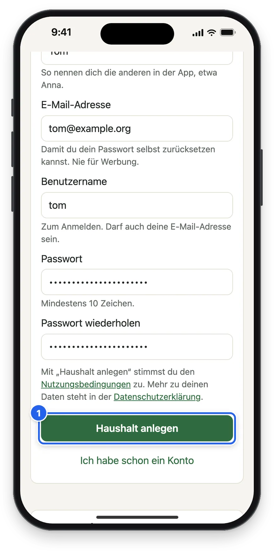 Unten im Formular der Knopf Haushalt anlegen
