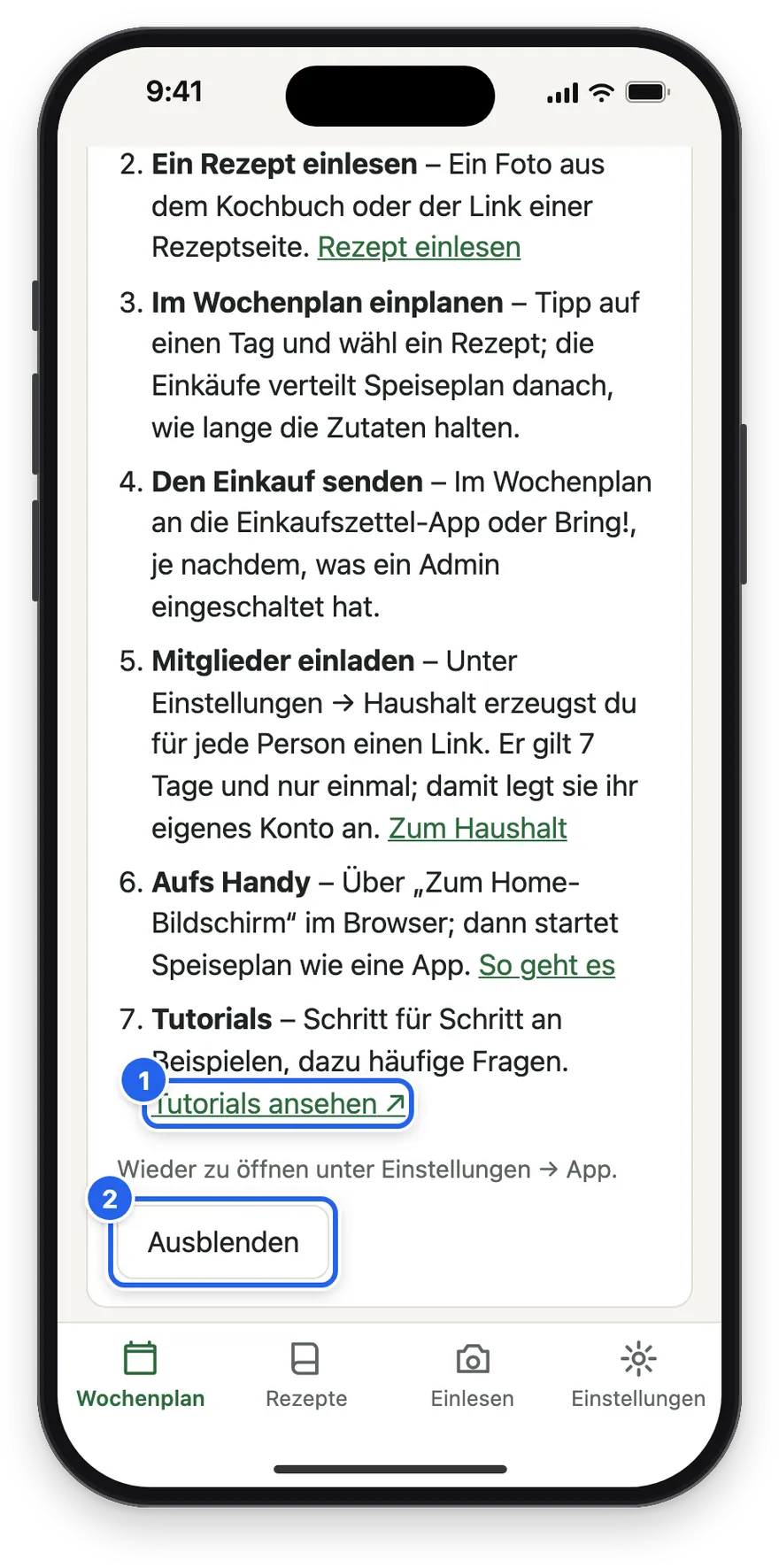 Das Ende der Karte mit Tutorials ansehen und Ausblenden