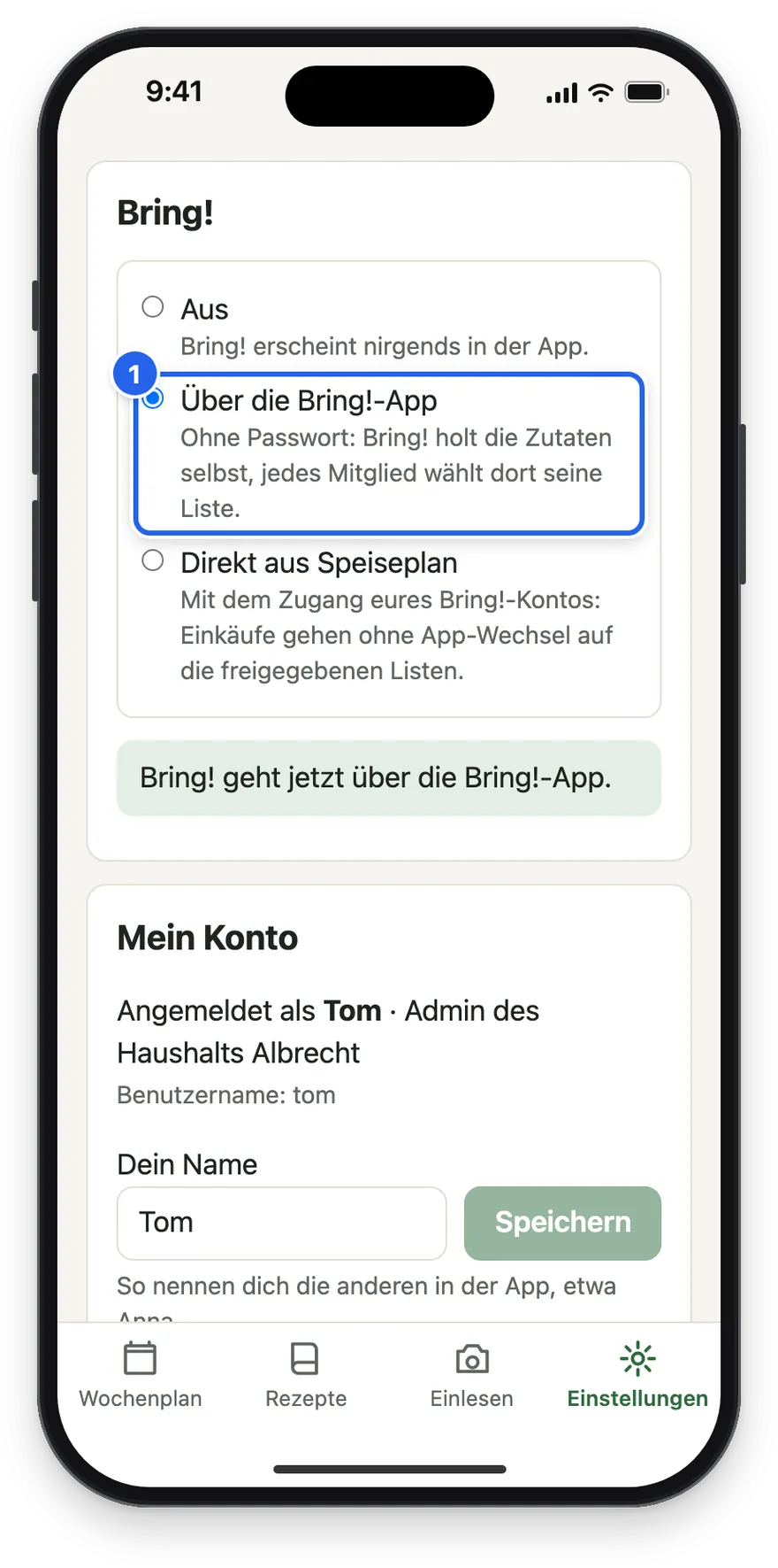 Die Karte Bring! mit der Auswahl Über die Bring!-App
