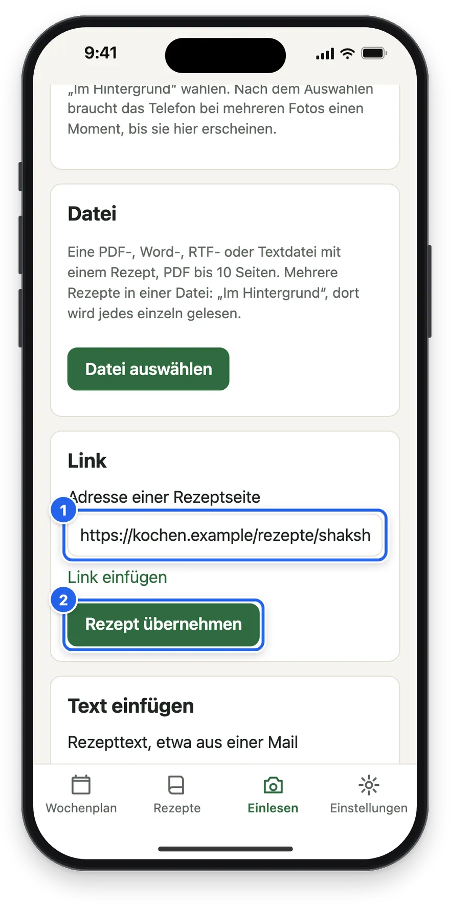 Das Feld Adresse einer Rezeptseite mit dem Knopf Rezept übernehmen