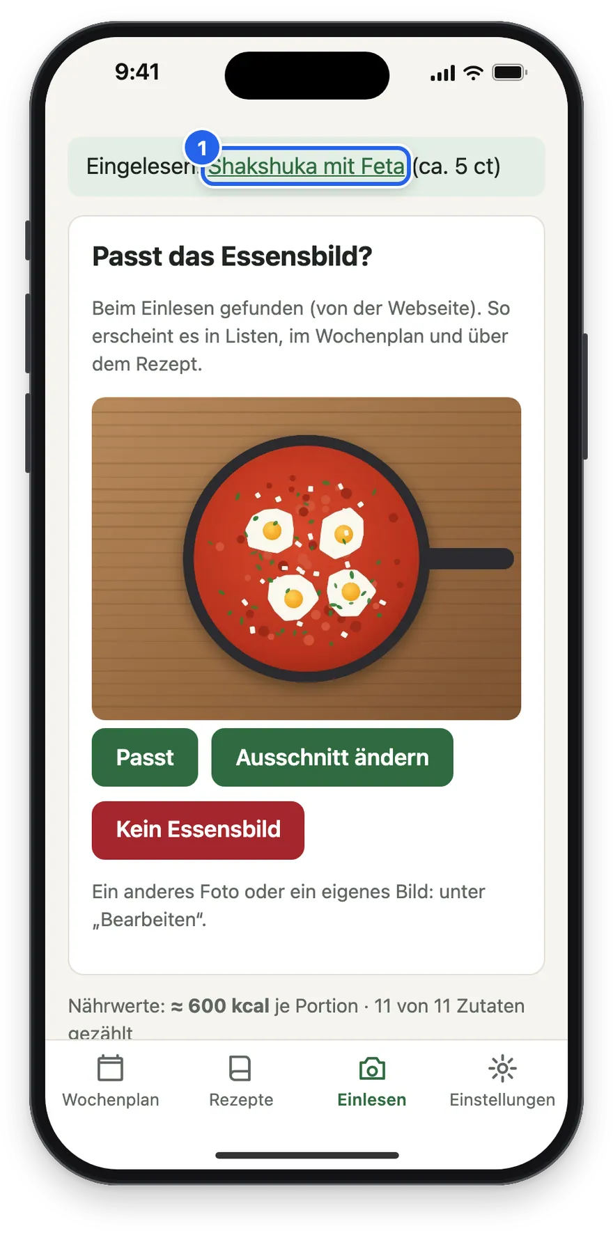 Die Meldung Eingelesen: Shakshuka mit Feta, darunter Passt das Essensbild?