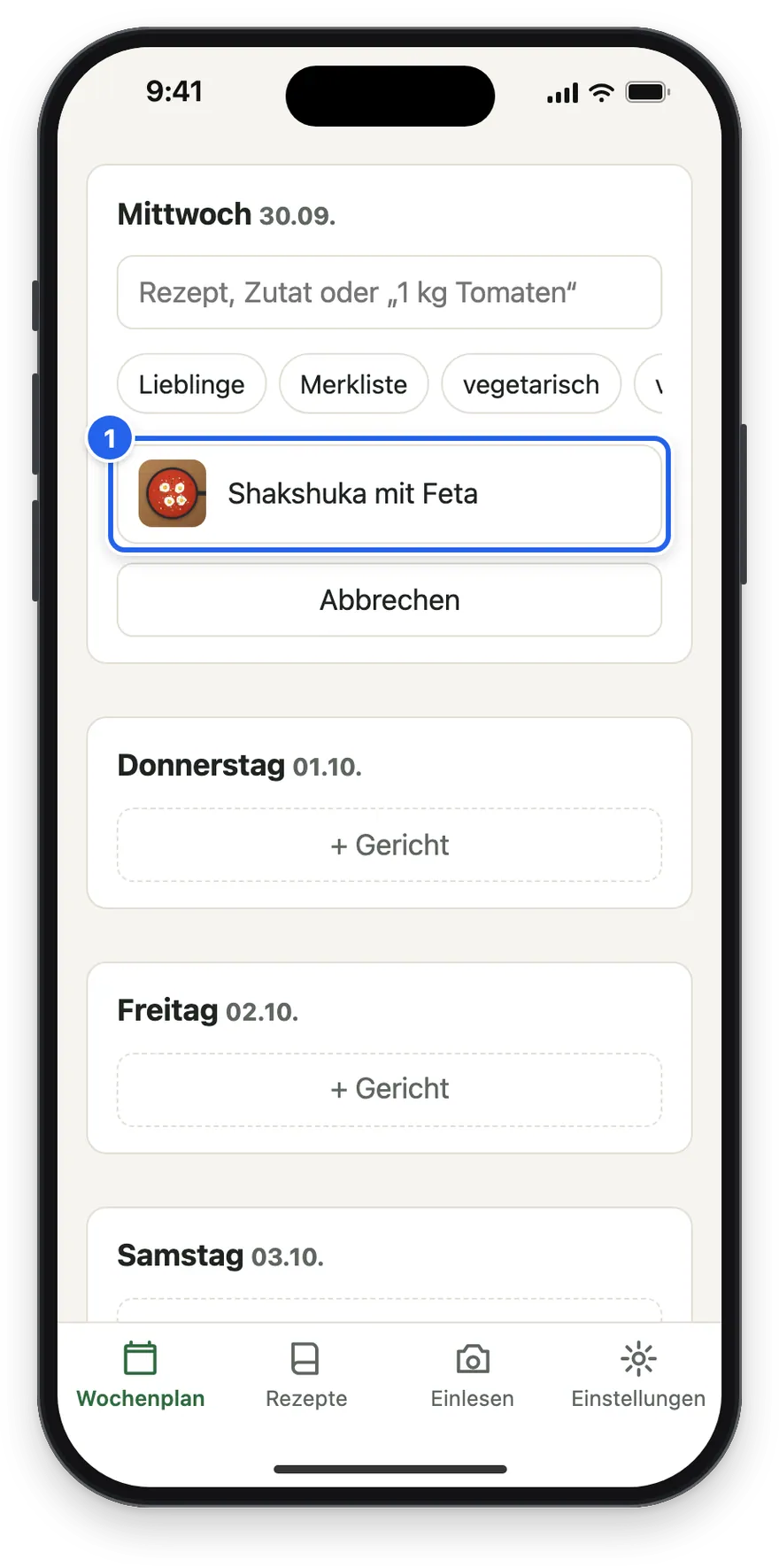 Der Mittwoch mit der Auswahl der Rezepte