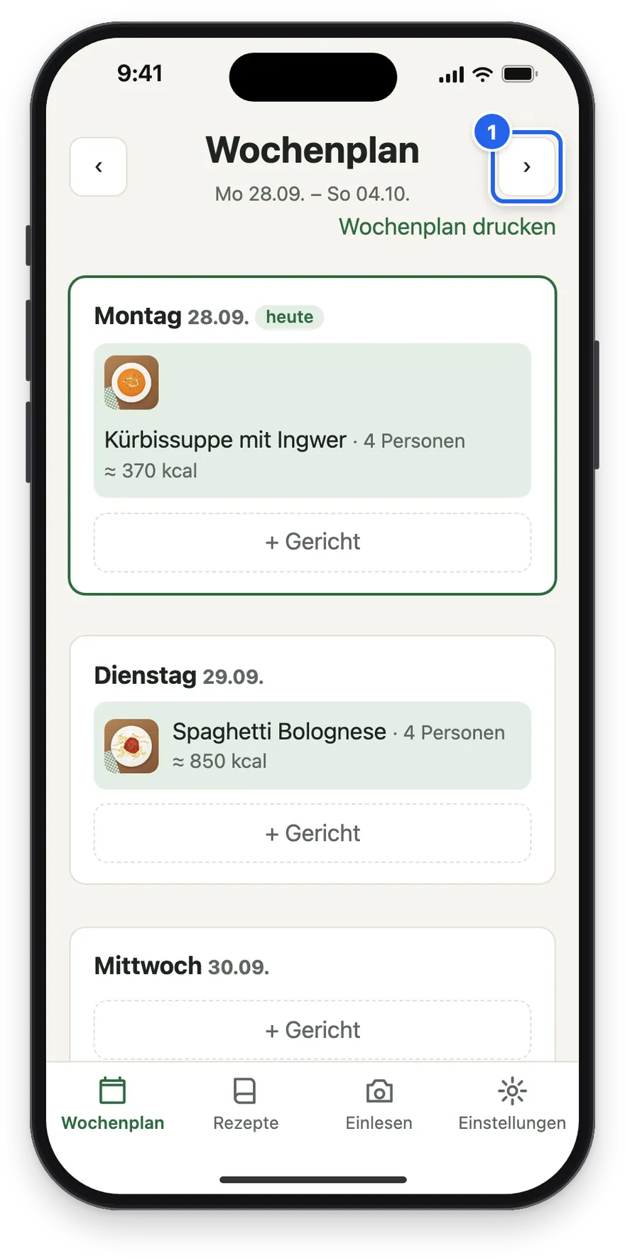 Der Wochenplan mit Montag und Dienstag