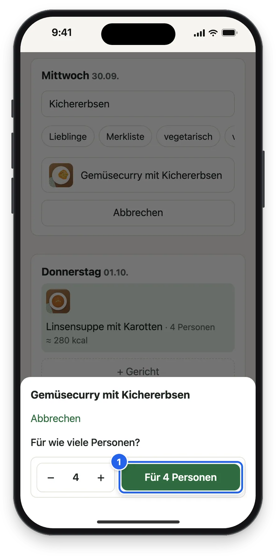 Die Frage Für wie viele? mit dem Knopf Für 4 Personen