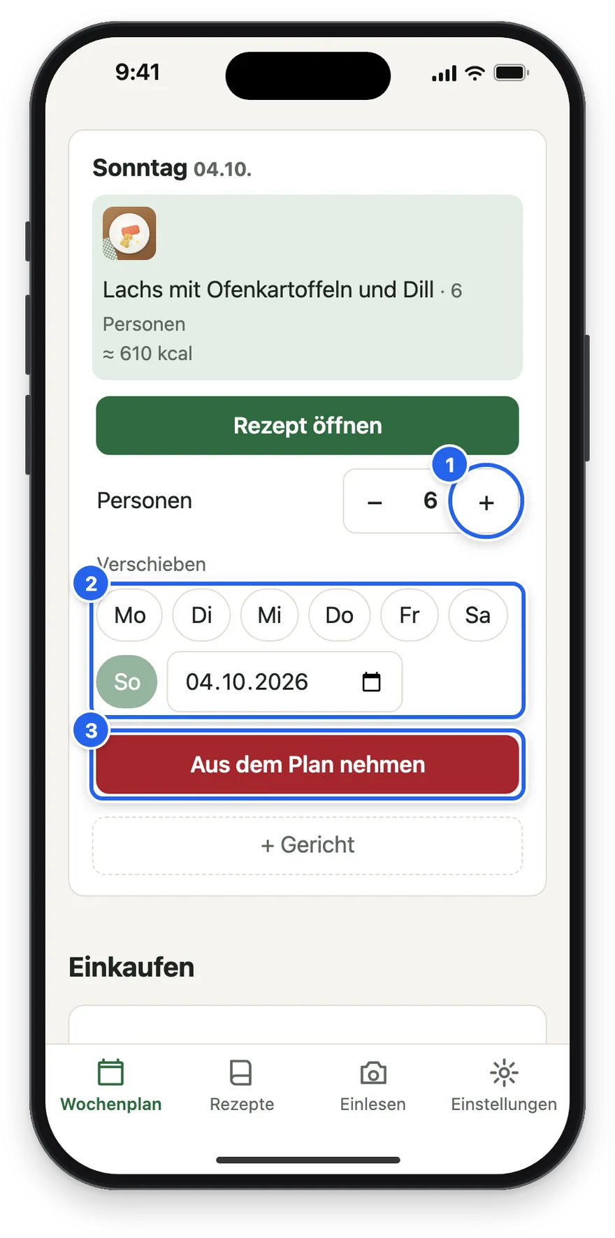 Das aufgeklappte Gericht mit Personen, Verschieben und Aus dem Plan nehmen
