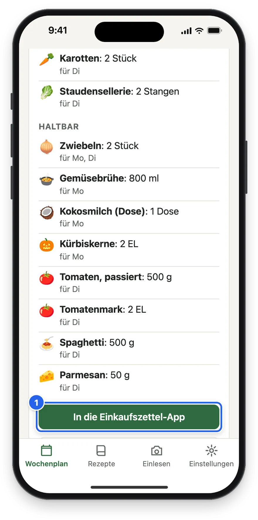 Der Knopf In die Einkaufszettel-App unter dem Einkauf