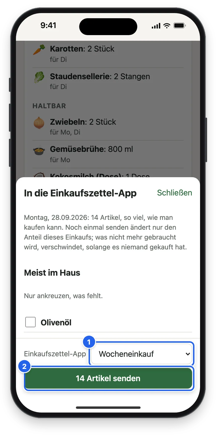 Das Blatt mit der Liste Wocheneinkauf und dem Knopf 14 Artikel senden